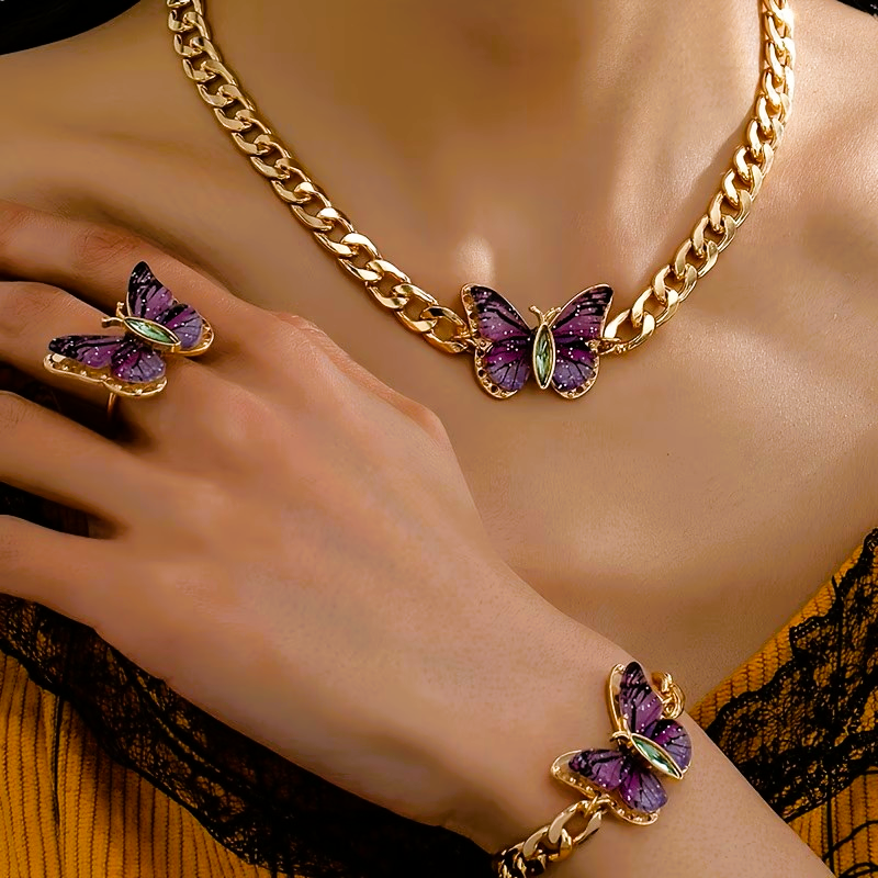 Conjunto 'Metamorfose de Luz' 3 Peças | Colar, Pulseira & Anel de Borboleta (Banhado a Ouro 14K)