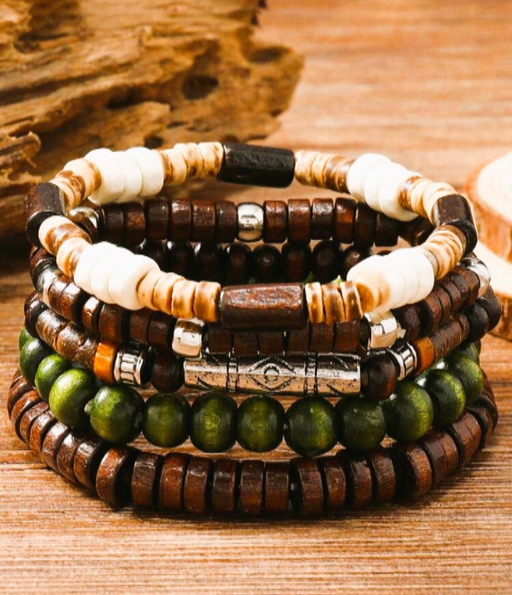 Pulseiras Tribais 'Mãe Terra' | Madeira & Detalhes Geométricos (Vendidas à Unidade)
