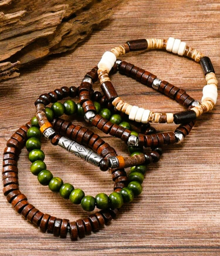 Pulseiras Tribais 'Mãe Terra' | Madeira & Detalhes Geométricos (Vendidas à Unidade)