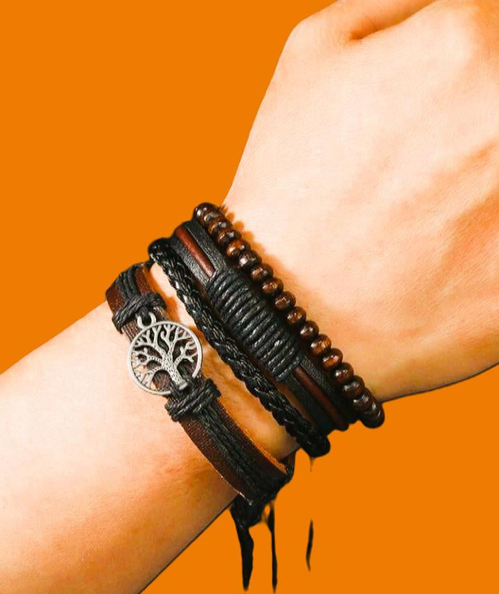 Pulseiras Tribais 'Raízes de Vida' | Couro, Madeira & Árvore da Vida (Vendidas à Unidade)