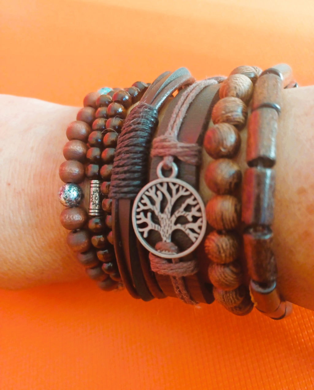 Pulseiras Tribais 'Raízes de Vida' | Couro, Madeira & Árvore da Vida (Vendidas à Unidade)
