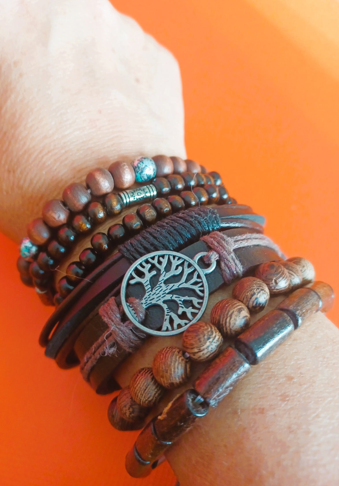 Pulseiras Tribais 'Raízes de Vida' | Couro, Madeira & Árvore da Vida (Vendidas à Unidade)