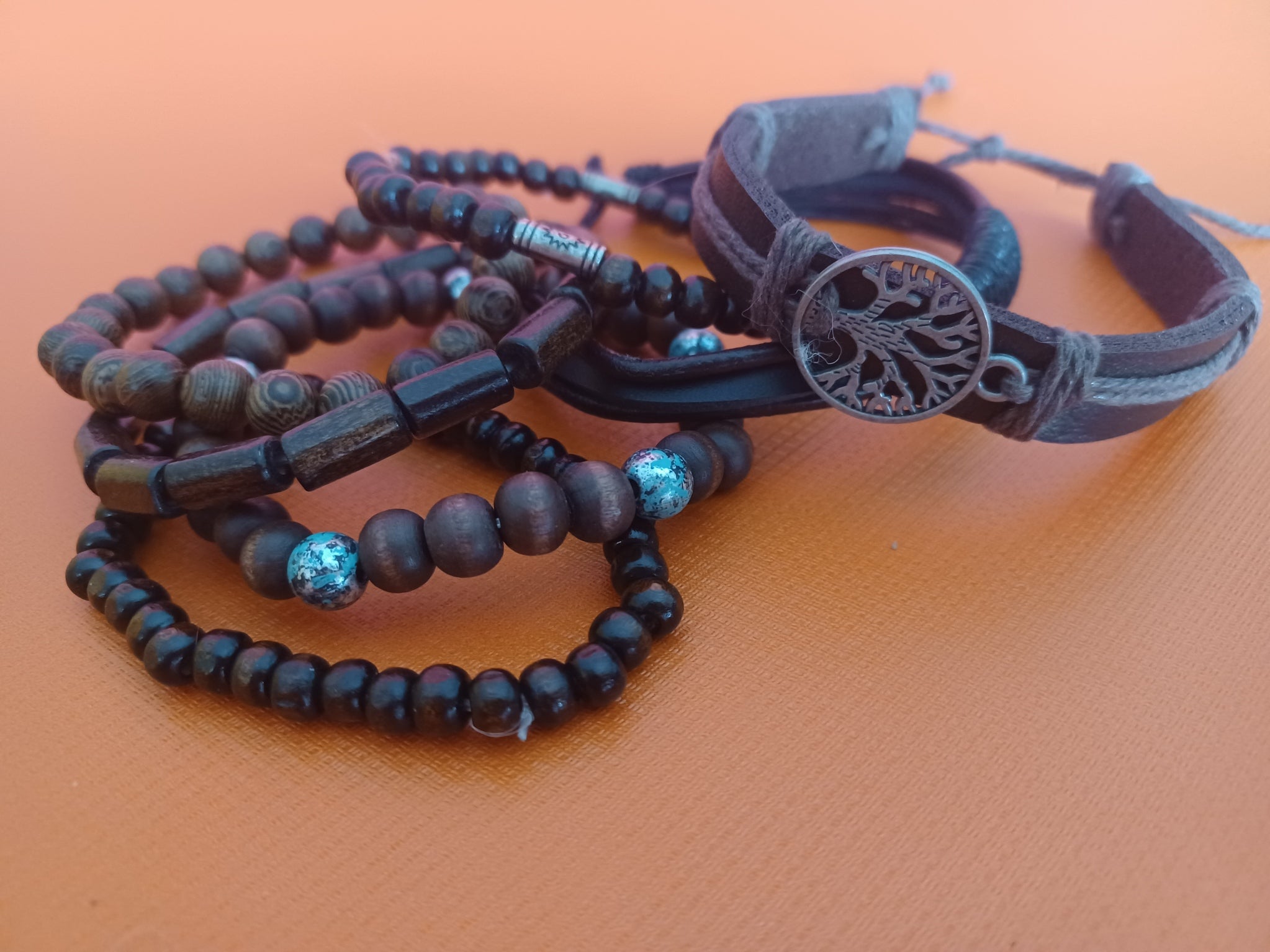 Pulseiras Tribais 'Raízes de Vida' | Couro, Madeira & Árvore da Vida (Vendidas à Unidade)