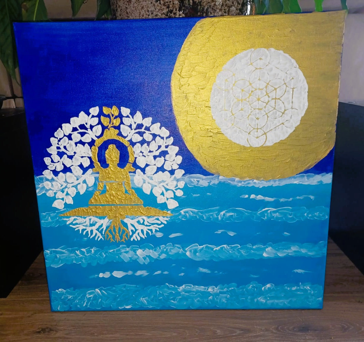 Tela Vibracional (60x60 cm) 'Portal da Unidade Suprema' – Buda e Casamento Alquímico | Oráculos de Luz (963 Hz)